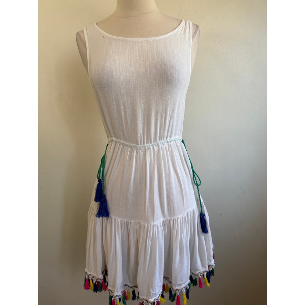 White Gauze Tassel Trim Swim Cover Up Mini Dress Sleeveless Boho Beachwear